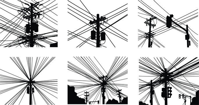 Black silhouette of messy overhead power lines, utility poles, electric cables and transformers against a white background for urban industrial design