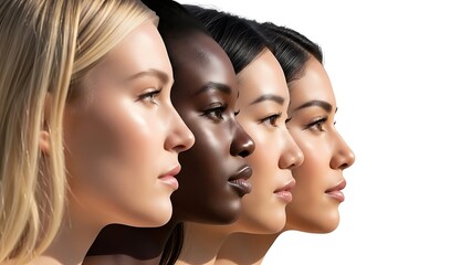 Diverse women's faces in profile showcasing a spectrum of skin tones and ethnicities