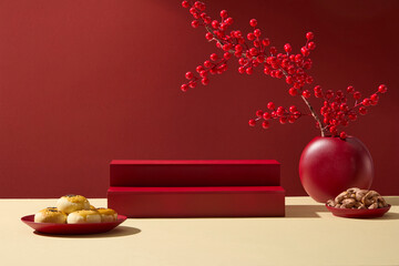 Chinese New Year festive scene with red podium and traditional decorations. Red background with...