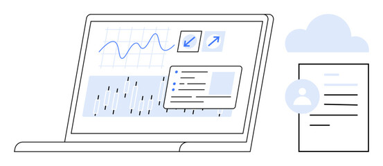Data analytics, cloud computing, workflow management, information visualization, digital organization, statistics. A laptop with graphs, cloud and document. Data analytics and cloud computing © robu_s