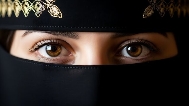 Close-up of a woman's beautiful brown eyes behind a black niqab with gold embroidery