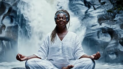 Woman Meditating by Waterfall Serene Scene.
