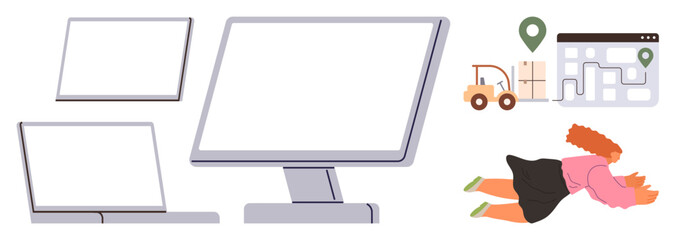 E-commerce, logistics, digital navigation, supply chain management, shipping tech, remote work. Computer screens, map with location pins forklift. E-commerce and logistics concept