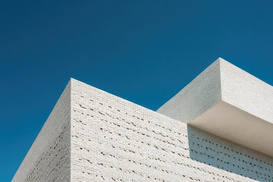 Architectural study of a stark, white building against a clear, deep blue sky