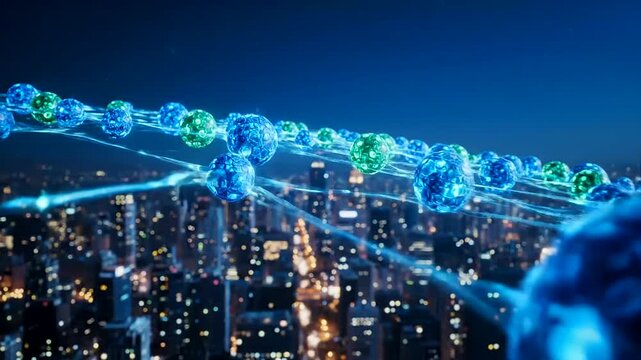 Futuristic digital network of interconnected glowing spheres over a vibrant night city, conceptualizing advanced AI drug discovery and scientific breakthroughs.