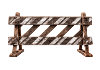 Wooden barrier with angled white stripes, aged and weathered, isolated on black
