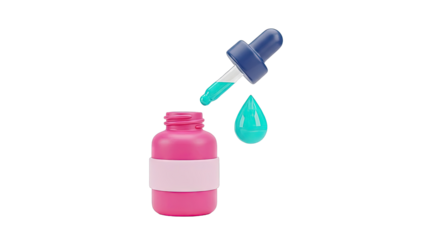 Dropper dispensing liquid into a pink bottle with a drop falling