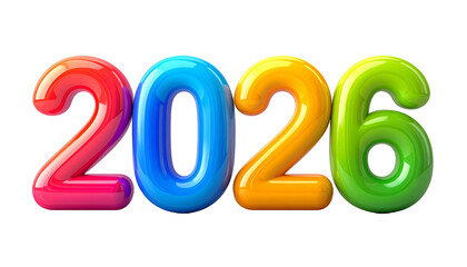 Multicolored 3D rendering of the year "2026" with glossy, tubular digits