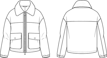 Technical Fashion Flat Sketch of Unisex Shearling Collar Bomber Jacket with Cargo Pockets Front and Back View for Design Tech Pack