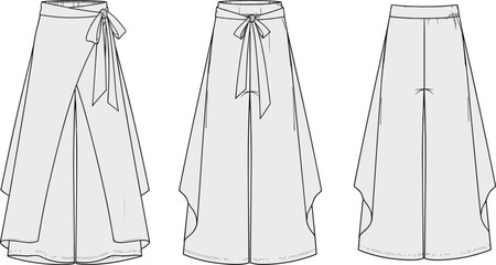Technical fashion sketch of women wide leg wrap pants with tie waist detail front side back view isolated on white.