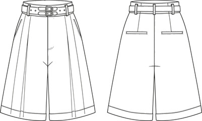 Technical fashion sketch of high waisted wide leg pleated shorts with double buckle belt detail seen from front and back