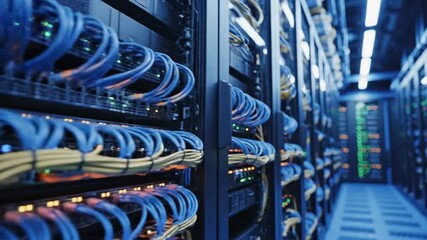 A video showcasing rows of computer servers in a modern data center with green lights and cables - Powered by Adobe