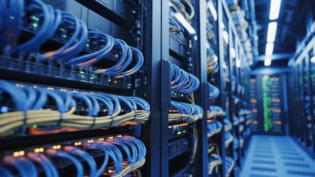 A video showcasing rows of computer servers in a modern data center with green lights and cables - Powered by Adobe