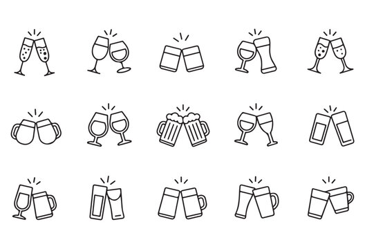 Cheers icon set with different types of glasses mugs and beer pints for celebration designs