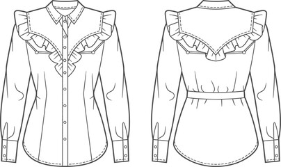 Western Style Women Shirt Vector Flat Sketch Illustration with Ruffle Details Front and Back View for Fashion Technical Design Drawing
