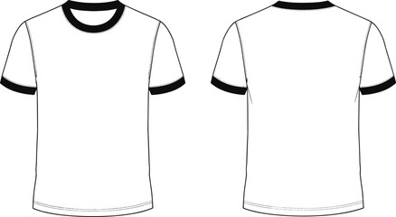 White Ringer T-Shirt Vector Template Front and Back View with Black Ribbed Crew Neck and Sleeve Cuffs for Apparel Mockup.