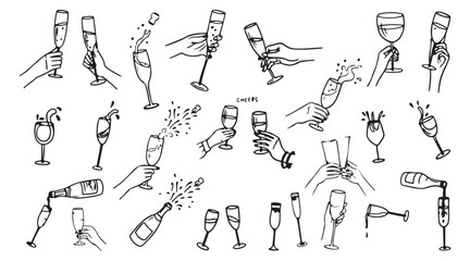 Collection of hands holding various drink glasses with splash effects in doodle line art