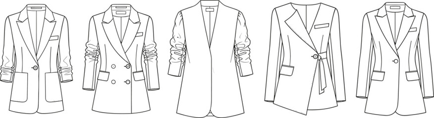 Women Blazer Fashion Flat Sketches Set Collection Including Double Breasted Ruched Sleeve Wrap Belted and Single Button Professional Suit Jacket Templates