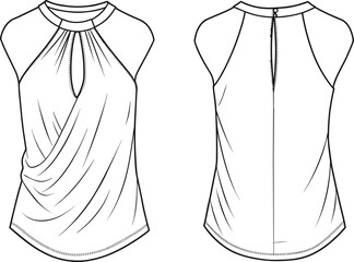 Women Halter Neck Sleeveless Wrap Front Top Technical Fashion Illustration Flat Sketch Set Front and Back View for Vector Design