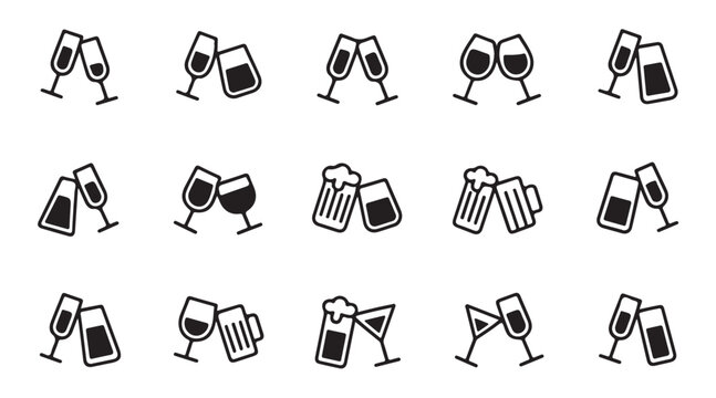 Different types of drink glasses clinking together in various celebration toast icons set