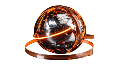A fragmented reflective sphere orbited by glowing copper rings, on black