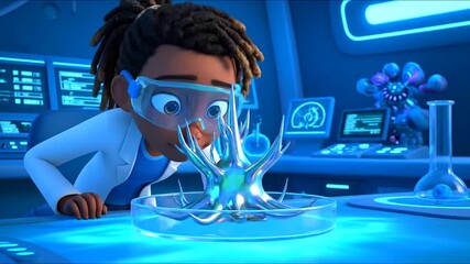 Young animated scientist watches a futuristic metallic substance transform, symbolizing groundbreaking advancements in AI drug discovery and scientific research. - Powered by Adobe