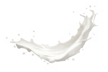 Milk splash creating a dynamic liquid wave with droplets, fresh white dairy drink flowing sensation on transparent background