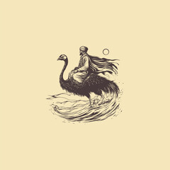 Fototapeta premium Minimalist vintage illustration of a desert nomad in traditional robes and turban riding a large ostrich across stylized sand dunes.