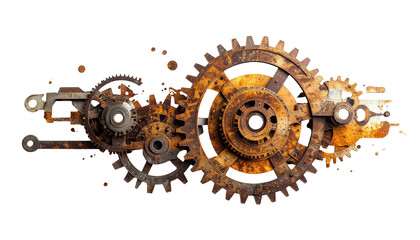 Close up of gears linked in a rusty, steampunk-esque mechanism