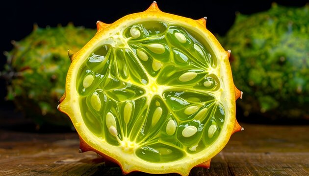 Sliced open, the bright fruit reveals a juicy, green interior with seeds