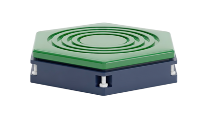 Hexagonal Green and Blue Device with Concentric Circles and Bolts