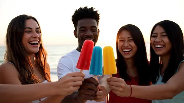Diverse friends laughing and enjoying colorful popsicles on a summer beach