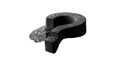 A textured, dark gray question mark with fragmented base against black