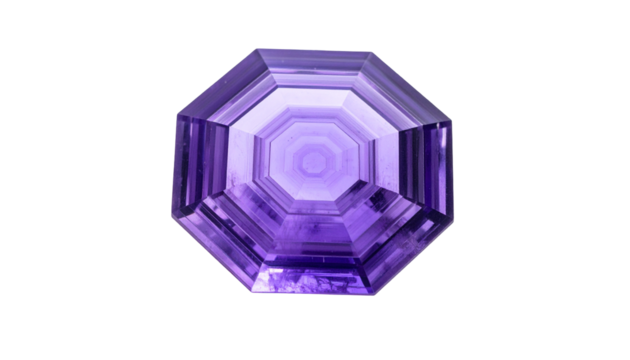 Faceted purple gemstone with geometric design, set against black - Powered by Adobe