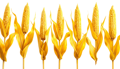 Seven vibrant golden corn cobs arranged in a row with leaves