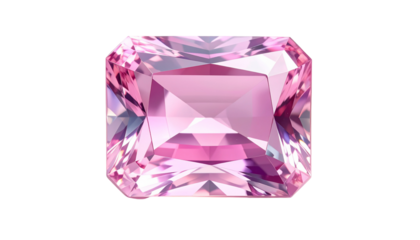 Radiant cut, light pink gemstone with facets, against black background