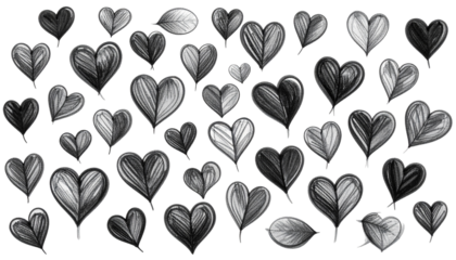 Many grayscale hand-drawn hearts and leaves on a black background