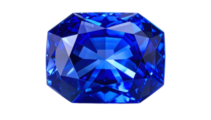 A stunning, faceted, deep blue gemstone against a stark black background