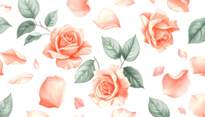 Seamless floral pattern of peach roses, green leaves, and petals on a dark background