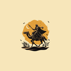 Vintage hand-drawn engraving of a desert nomad with a spear riding a camel across dunes under a large full moon and starry night sky.