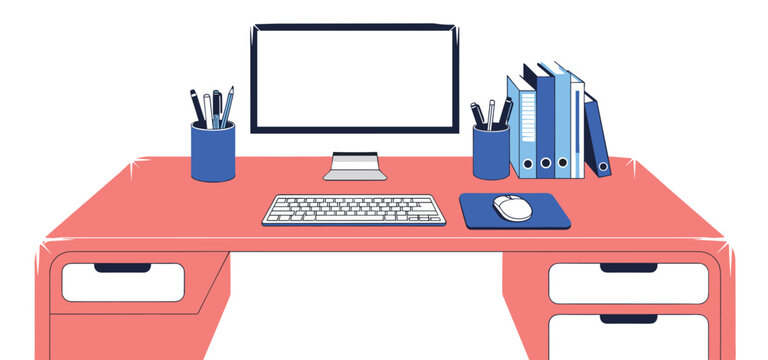 Illustration of organized office desk with computer, keyboard, mouse pad, pen holders, and folders in red and blue color scheme