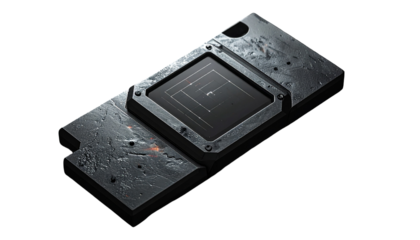 Futuristic device with a recessed screen, metallic and weathered