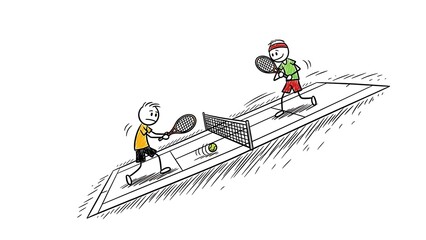 Two stick figures playing tennis on a court with a net.