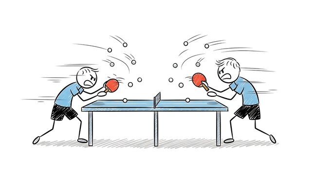 Two Stick Figures Playing Intense Table Tennis Match with Fast Moving Balls.