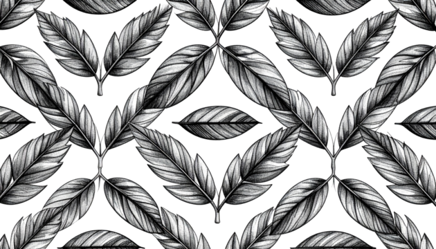 Intricate grayscale pattern of intersecting stylized leaves on a dark background - Powered by Adobe