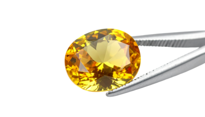 Gleaming, oval-cut yellow gemstone held by silver tweezers