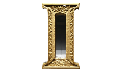 Ornate gold-leafed mirror in the shape of the letter "I" on a black backdrop