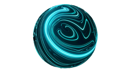Glowing blue swirling energy patterns illuminate a sphere against black