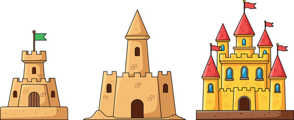 Vector illustration of sandcastle fortresses and a golden fantasy palace isolated on white for travel and storytelling. © REYAD