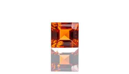 Square-cut, faceted gemstone with fiery orange hue and reflection